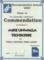 Certificate for Documentation Awards 2003 Class 1a